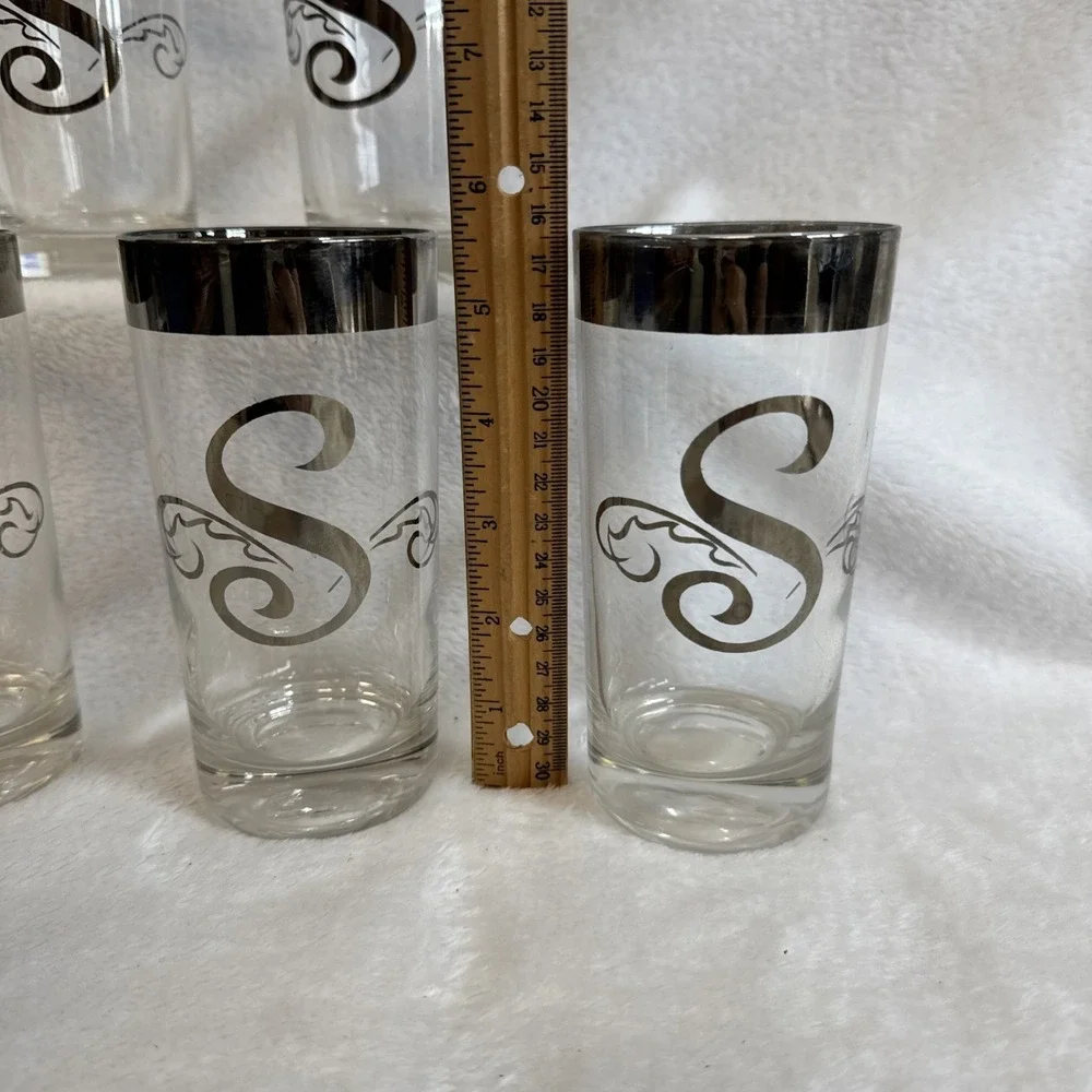 Set of 6‎ Vintage Monogrammed S Highball Glasses Silver Rimmed Barware